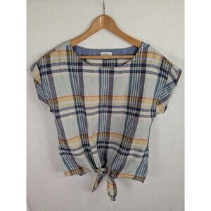 LL Bean Signature 100% Linen Top Size Medium Shirt Front Tie Top Blue Plaid